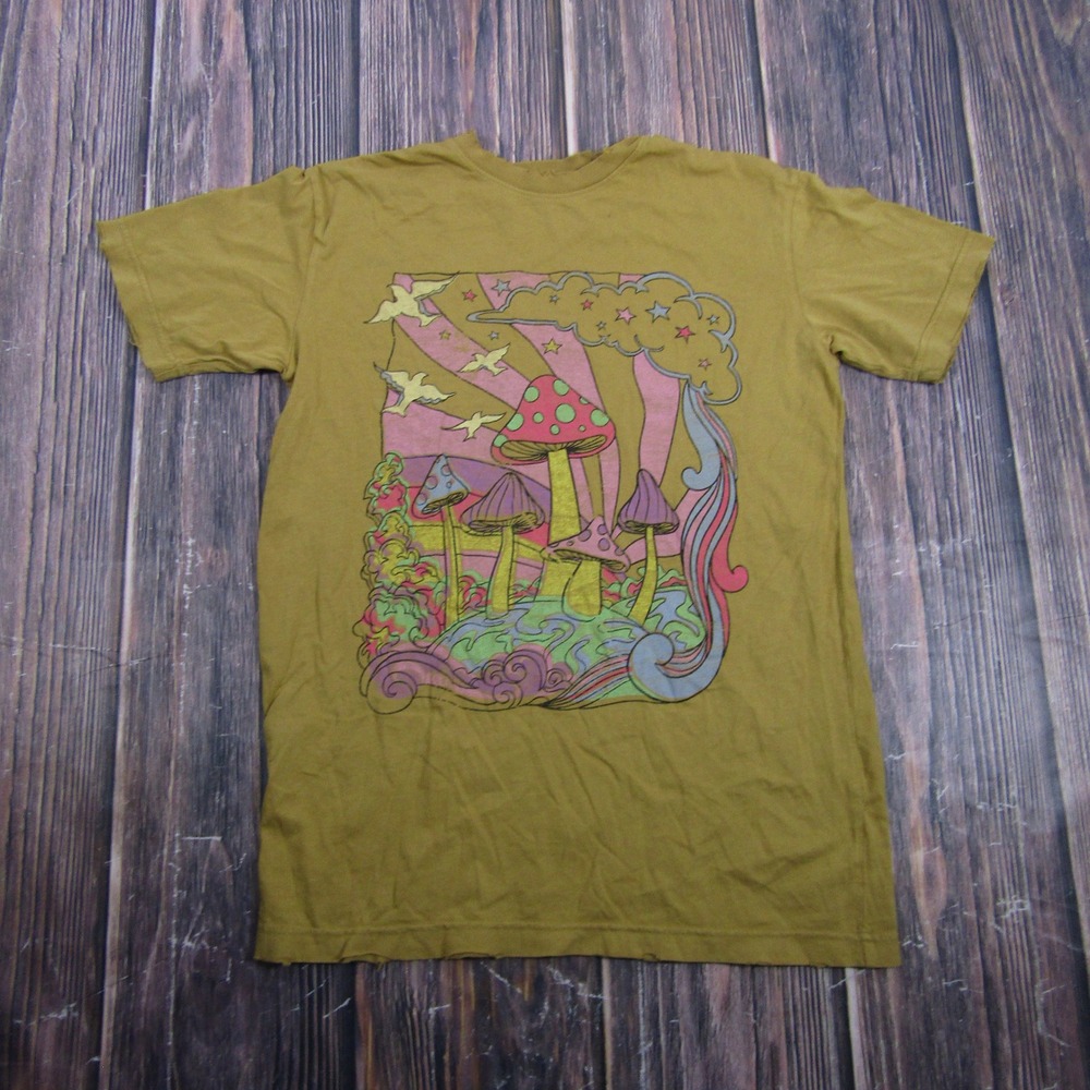 American Highway Mushroom Graphic T-Shirt Mens XS Yellow Psychedelic Boho Tee